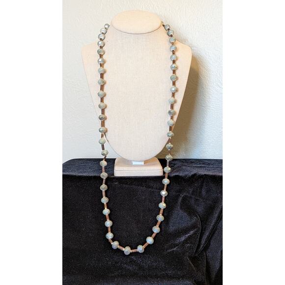 Plunder Designs Wood Smokey Blue Faceted Glass Crystal Bead Long Strand Necklace - Picture 1 of 5